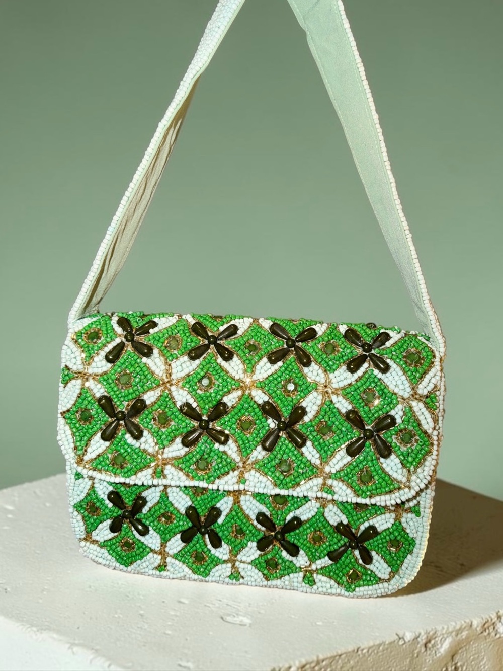 Studio 12 Green Floral Hand Beaded Shoulder Bag Statement Purse